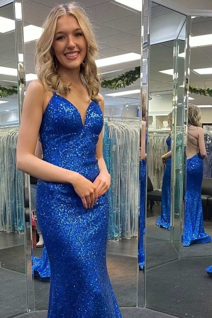 Sequinned Royal Blue Lace Rosette Trumpet Prom Gown - Promfy